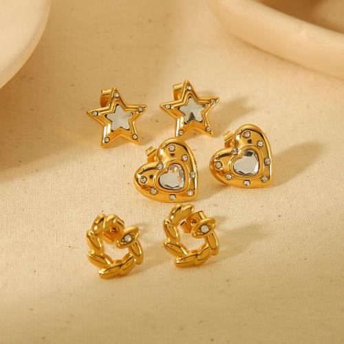 Stainless Steel Stud Earrings 304 Stainless Steel 18K gold plated fashion jewelry & for woman & with rhinestone golden nickel lead & cadmium free Sold By Pair