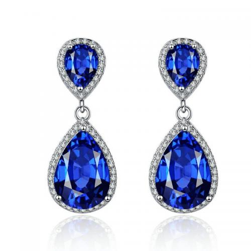 Cubic Zirconia Micro Pave Brass Earring with Sapphire fashion jewelry & micro pave cubic zirconia & for woman nickel lead & cadmium free Sold By Pair