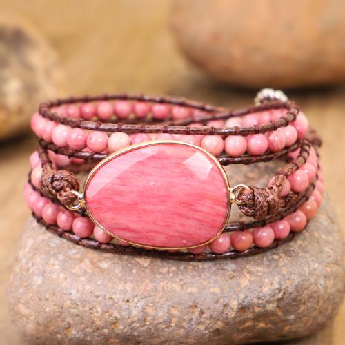 Wrap Bracelet Rhodonite with leather cord handmade fashion jewelry & multilayer & Unisex Length Approx 51-60 cm Sold By PC