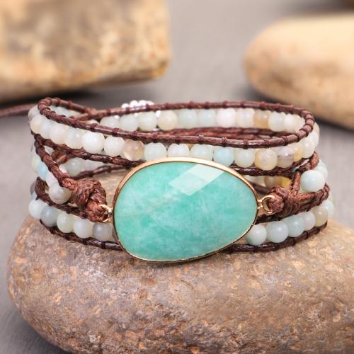 Wrap Bracelet ​Amazonite​ with leather cord handmade fashion jewelry & multilayer & Unisex Length Approx 51-60 cm Sold By PC