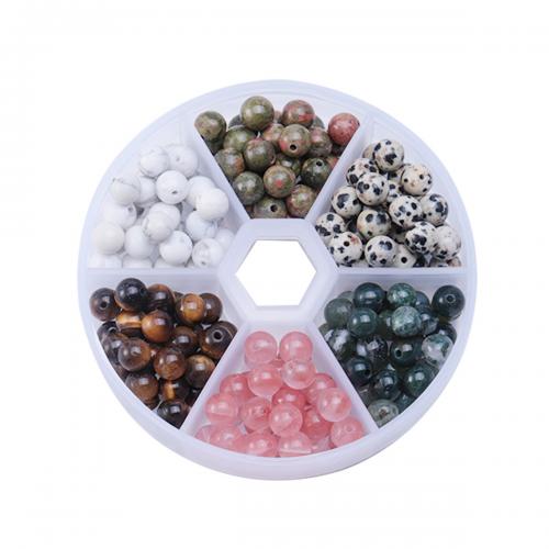Gemstone smykker perler, Ædelsten, med Plastboks, Runde, du kan DIY & 6 celler, blandede farver, box:8*2cm,beads:6mm, Solgt af Box