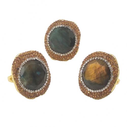 Natural Gemstone Finger Ring, Labradorite, with Brass, gold color plated, fashion jewelry & Unisex & with rhinestone, mixed colors, 26x30mm, US Ring Size:7, Sold By PC