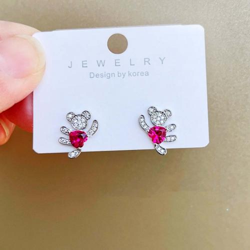 Brass Stud Earring with Ruby Alumina & Cubic Zirconia Bear platinum plated fashion jewelry & for woman rose carmine nickel lead & cadmium free Sold By Pair