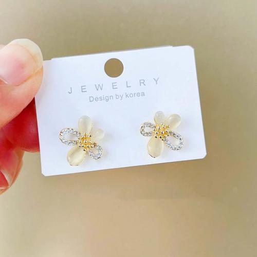 Cubic Zirconia Micro Pave Brass Earring with Cats Eye Flower gold color plated fashion jewelry & micro pave cubic zirconia & for woman & hollow mixed colors nickel lead & cadmium free Sold By Pair