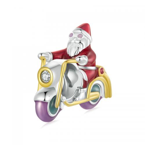 925 Sterling Silver Beads Santa Claus platinum plated Christmas Design & DIY & micro pave cubic zirconia & enamel nickel lead & cadmium free Approx 4.5mm Sold By PC