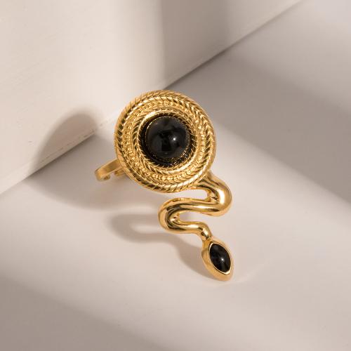 خاتم إصبع الفولاذ المقاوم للصدأ, 304 الفولاذ المقاوم للصدأ, مع العقيق الأسود, ثعبان, مطلي, مجوهرات الموضة, ذهبي, Ring diameter: 1.7cm, تباع بواسطة PC