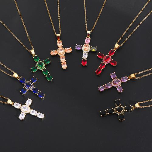 Cubic Zircon Micro Pave Brass Necklace with 5cm extender chain Cross gold color plated fashion jewelry & micro pave cubic zirconia & for woman nickel lead & cadmium free x2.3cm Length Approx 45 cm Sold By PC