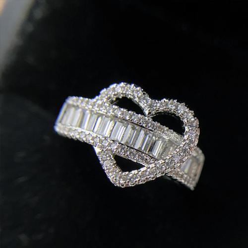 Brass Cuff Finger Ring Heart platinum plated micro pave cubic zirconia & for woman & hollow US Ring Sold By PC