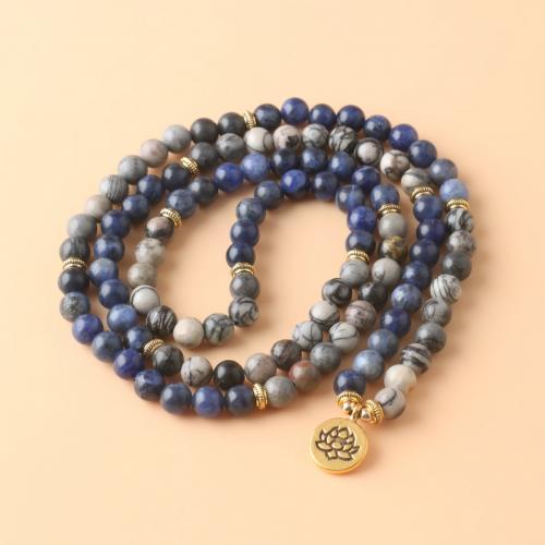 Fashion Necklace Jewelry Sodalite with Network Stone & Zinc Alloy Flat Round gold color plated fashion jewelry & Unisex mixed colors Sold By Strand