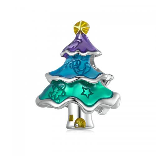 925 Sterling Silver Beads Christmas Tree platinum plated DIY & enamel nickel lead & cadmium free Sold By PC
