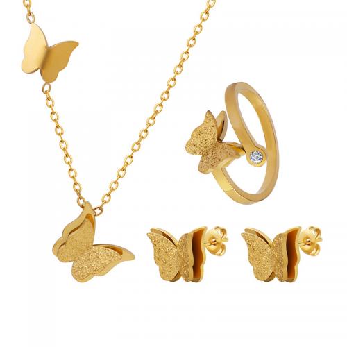 Titan Stål Smycken Set, finger ring & örhänge & halsband, med 5cm extender kedja, Fjäril, tre stycken & mode smycken & för kvinna, gyllene, pendant 11*14mm,earring 10*12mm, Storlek:7, Längd Ca 43 cm, Säljs av Ställ