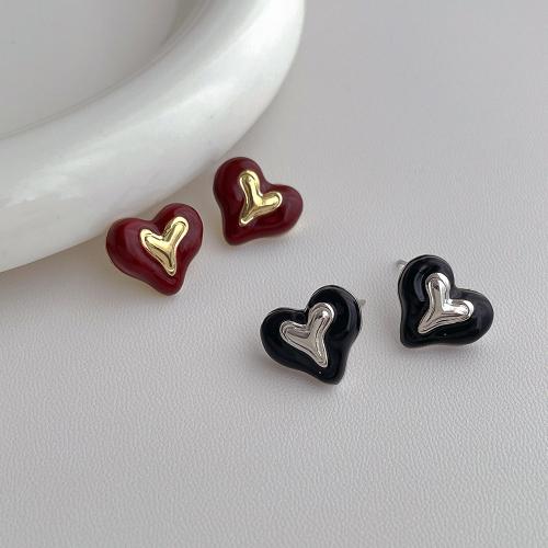 Brass Stud Earring Heart plated fashion jewelry & enamel nickel lead & cadmium free Sold By Pair