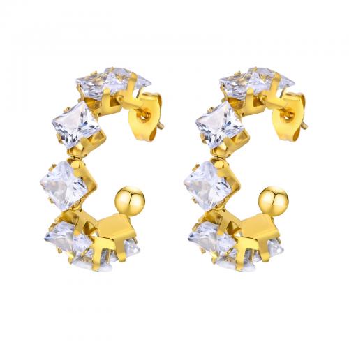 Stainless Steel Stud Earrings 304 Stainless Steel 18K gold plated fashion jewelry & micro pave cubic zirconia & for woman nickel lead & cadmium free Sold By Pair