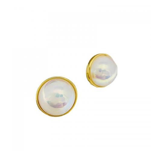 Brass Stud Earring with Plastic Pearl Round 18K gold plated fashion jewelry & for woman nickel lead & cadmium free Sold By Pair