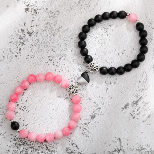 Couple Bracelet and Bangle Gemstone with Magnet & Zinc Alloy fashion jewelry & elastic & Unisex nickel lead & cadmium free 18cm long for women 19cm long for Men Sold By Set