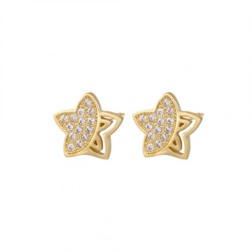 Brass Stud Earring Star gold color plated micro pave cubic zirconia & for woman 10mm Sold By Pair