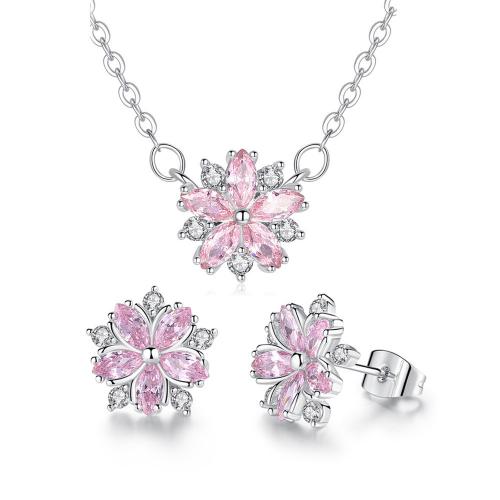 Brass Jewelry Set, Stud Earring & necklace, petals, plated, micro pave cubic zirconia & for woman, silver color, Stud earrings: 12x12mm, necklace: 45x5cm, Sold By Set