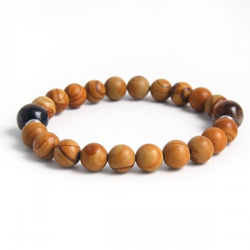 Gemstone Bracelets 304 Stainless Steel with Peach Wood & Tiger Eye plated Unisex yellow Length Approx 19 cm Sold By PC