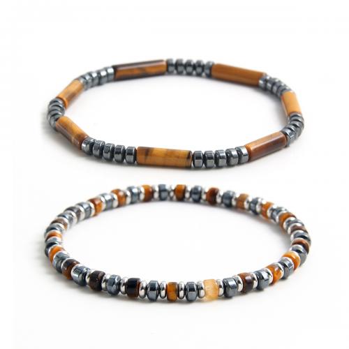 Gemstone Bracelets 304 Stainless Steel with Tiger Eye & Hematite handmade Unisex mixed colors Length Approx 18 cm Sold By PC