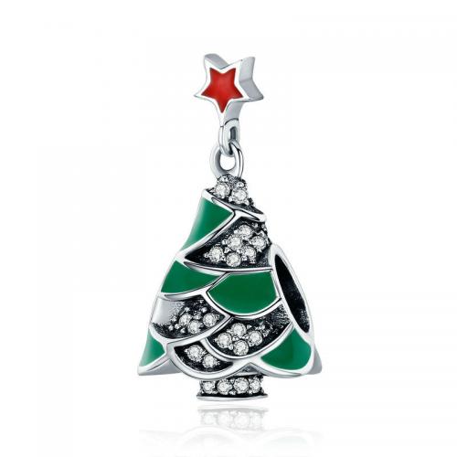925 Sterling Silver Beads Christmas Tree platinum plated Christmas Design & DIY & micro pave cubic zirconia & enamel nickel lead & cadmium free Sold By PC