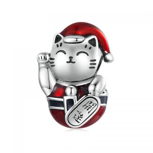 925 Sterling Silver Beads Fortune Cat Christmas Design & DIY & enamel nickel lead & cadmium free Sold By PC