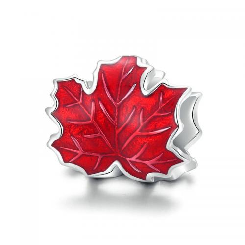 925 Sterling Silver Beads Maple Leaf platinum plated DIY & enamel nickel lead & cadmium free Sold By PC