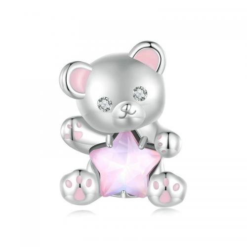 925 Sterling Silver Beads with Glass Bear platinum plated DIY & micro pave cubic zirconia & enamel pink nickel lead & cadmium free Sold By PC