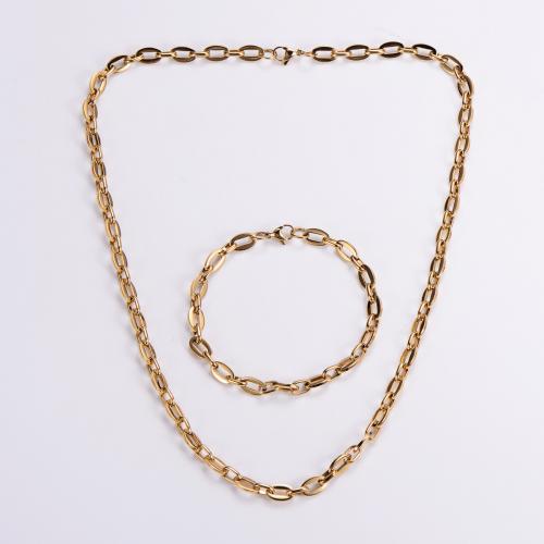 Fashion Stainless Steel Jewelry Sets bracelet & necklace 304 Stainless Steel Vacuum Ion Plating punk style & Unisex golden Necklace length 55cm bracelet length 21cm Sold By Set