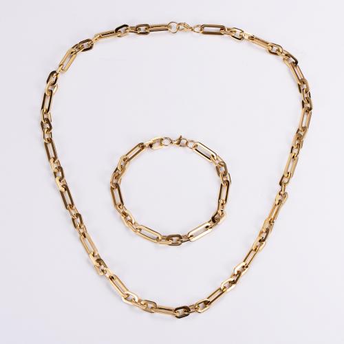 Fashion Stainless Steel Jewelry Sets bracelet & necklace 304 Stainless Steel Vacuum Ion Plating punk style & Unisex golden Necklace length 55cm bracelet length 21cm Sold By Set