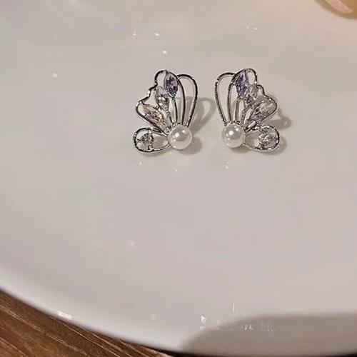 Zinc Alloy Stud Earring with ABS Plastic Pearl Butterfly plated fashion jewelry & micro pave cubic zirconia silver color nickel lead & cadmium free Sold By Pair