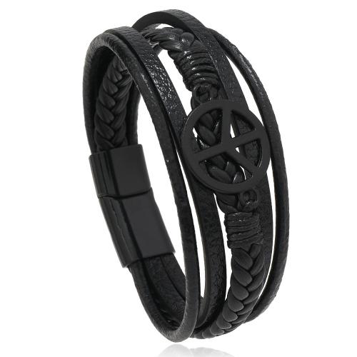 PU Leather Cord Bracelets with Zinc Alloy handmade multilayer & for man black Sold By PC
