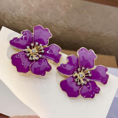 Zinc Alloy Stud Earring with enamel Flower fashion jewelry & for woman & with rhinestone purple nickel lead & cadmium free Sold By Pair