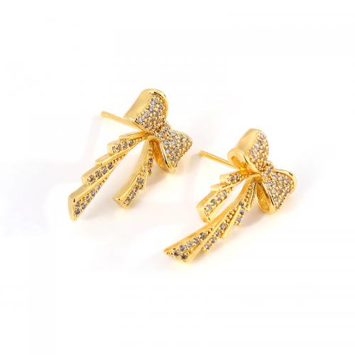 Cubic Zirconia Micro Pave Brass Earring Bowknot real gold plated micro pave cubic zirconia & for woman golden Sold By Pair