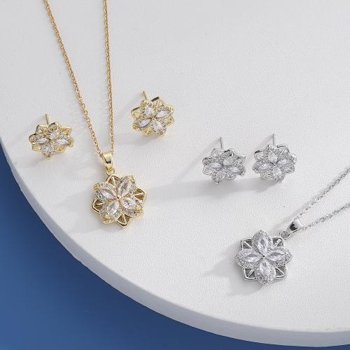 Brass Jewelry Set, Stud Earring & necklace, real gold plated, micro pave cubic zirconia & for woman, more colors for choice, Sold By Set