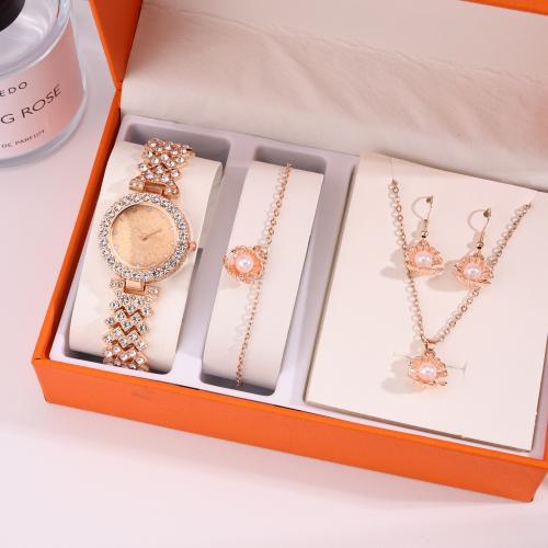 Zinc Alloy Jewelry Sets watch & bracelet & earring & necklace with Plastic Pearl gold color plated 4 pieces & with rhinestone nickel lead & cadmium free Sold By Set