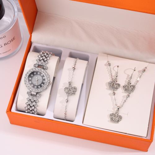 Zinc Alloy Jewelry Sets watch & bracelet & earring & necklace silver color plated 4 pieces & with rhinestone nickel lead & cadmium free Sold By Set