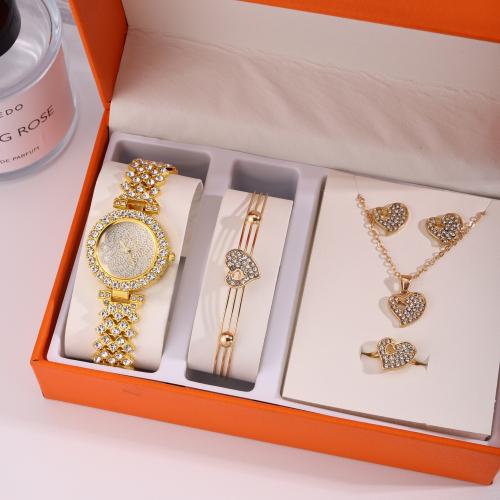 Zinc Alloy Jewelry Sets Stud Earring & watch & finger ring & bracelet & necklace gold color plated 5 pieces & with rhinestone nickel lead & cadmium free Sold By Set