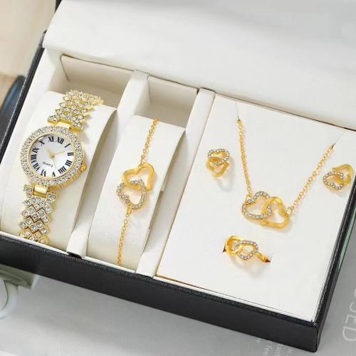 Zinc Alloy Jewelry Sets Stud Earring & watch & finger ring & bracelet & necklace Heart plated 5 pieces & for woman & with rhinestone nickel lead & cadmium free Sold By Set