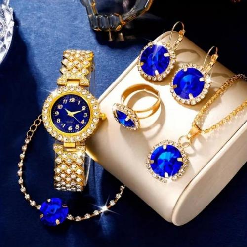 Zinc Alloy Jewelry Sets watch & finger ring & bracelet & earring Round gold color plated 5 pieces & for woman & with rhinestone blue nickel lead & cadmium free Sold By Set