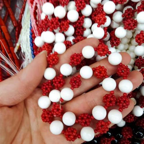 الخرز المختلطة, كورال الاصطناعية, مع حجر طبيعي, جولة, ديي, الألوان المختلطة, White beads:8mm,Red beads:10.5mm, تقريبا 29أجهزة الكمبيوتر/حبلا, تباع بواسطة حبلا