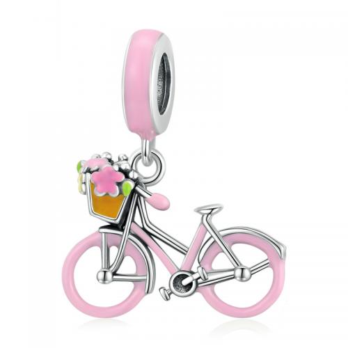 925 Sterling Silver Pendant Bike DIY & enamel pink nickel lead & cadmium free Sold By PC
