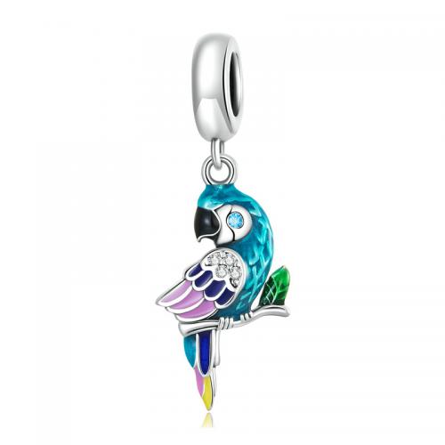Cubic Zirconia Micro Pave 925 Sterling Silver Pendant Parrot DIY & micro pave cubic zirconia & enamel & large hole nickel lead & cadmium free Sold By PC