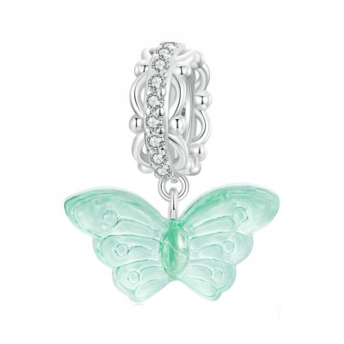 Cubic Zirconia Micro Pave 925 Sterling Silver Pendant with Glass Butterfly platinum plated DIY & micro pave cubic zirconia green nickel lead & cadmium free Sold By PC