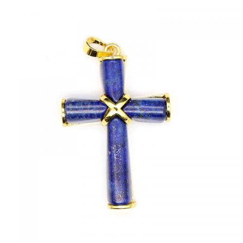 Gemstone Pendants Jewelry Natural Stone with Brass Cross gold color plated DIY Sold By PC