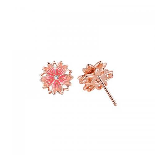 Cubic Zirconia Micro Pave Brass Earring Flower rose gold color plated fashion jewelry & micro pave cubic zirconia & for woman & enamel nickel lead & cadmium free Sold By Pair