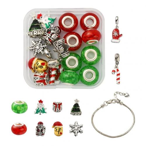 Brass Bracelet Kit with Plastic Box & Resin & Zinc Alloy silver color plated Christmas Design & DIY mixed colors nickel lead & cadmium free Sold By Box