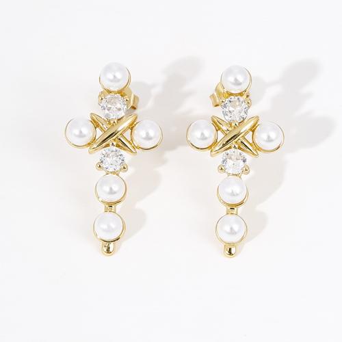 Cubic Zirconia Micro Pave Brass Earring with Plastic Pearl plated micro pave cubic zirconia & for woman golden Sold By Pair