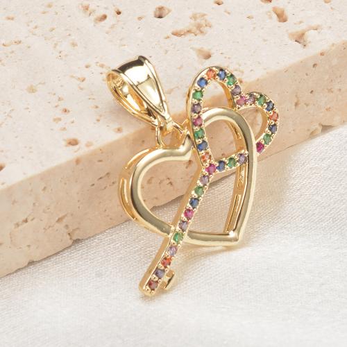 Cubic Zirconia Micro Pave Brass Pendant heart and key 18K gold plated DIY & micro pave cubic zirconia nickel lead & cadmium free Sold By PC