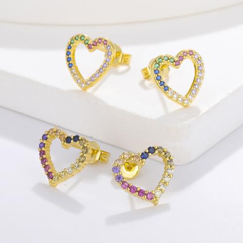 Cubic Zirconia Micro Pave Brass Earring Heart gold color plated fashion jewelry & micro pave cubic zirconia & for woman nickel lead & cadmium free Sold By Pair