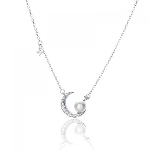 925 Sterling Silver Necklace with Shell Pearl with 2inch extender chain Moon and Star platinum plated cross chain & Korean style & micro pave cubic zirconia & for woman Length Approx 15.7 Inch Sold By PC